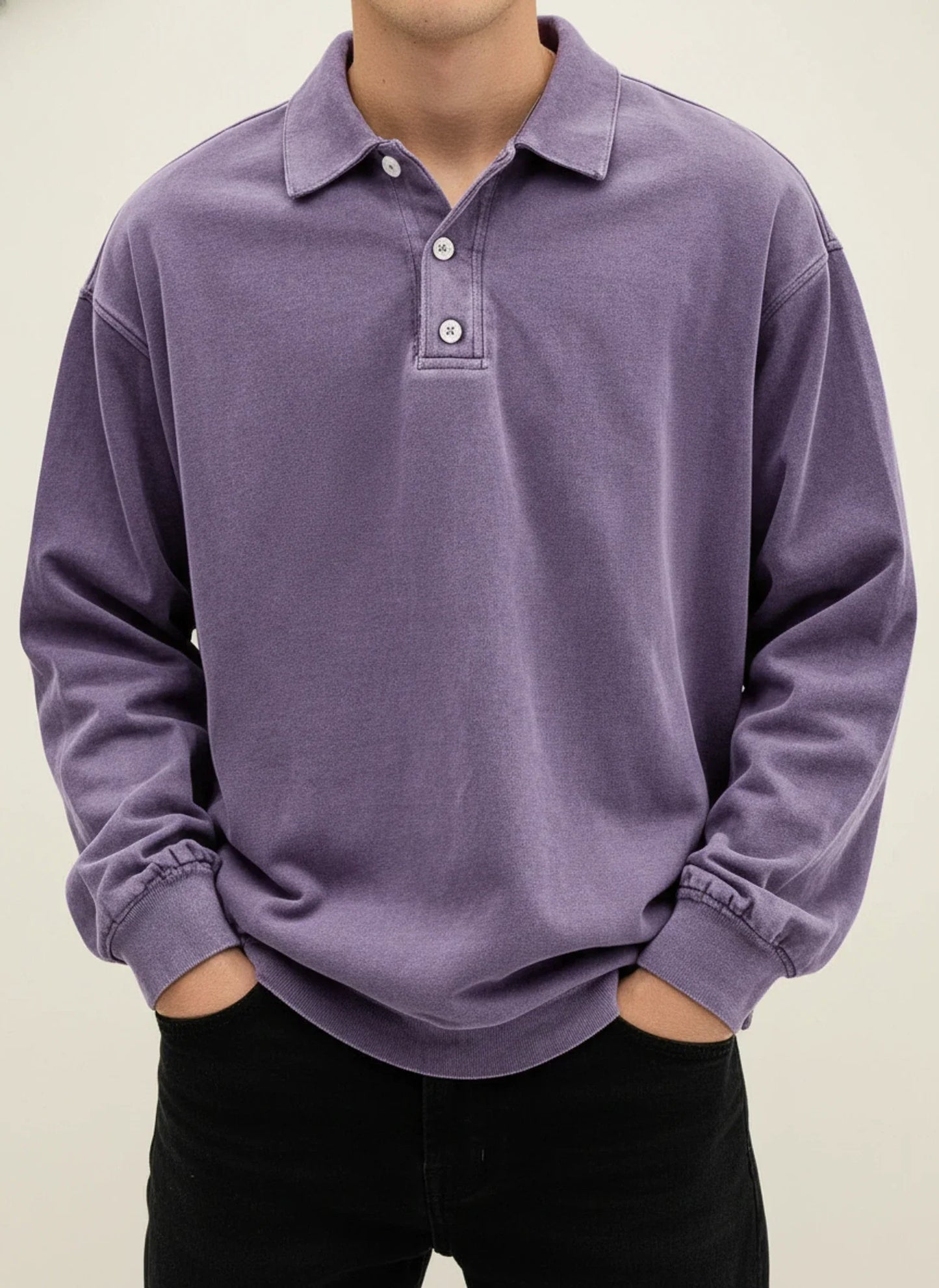 Herren Polo-Shirt Langarm Relaxed Fit Knopfleiste Weiß