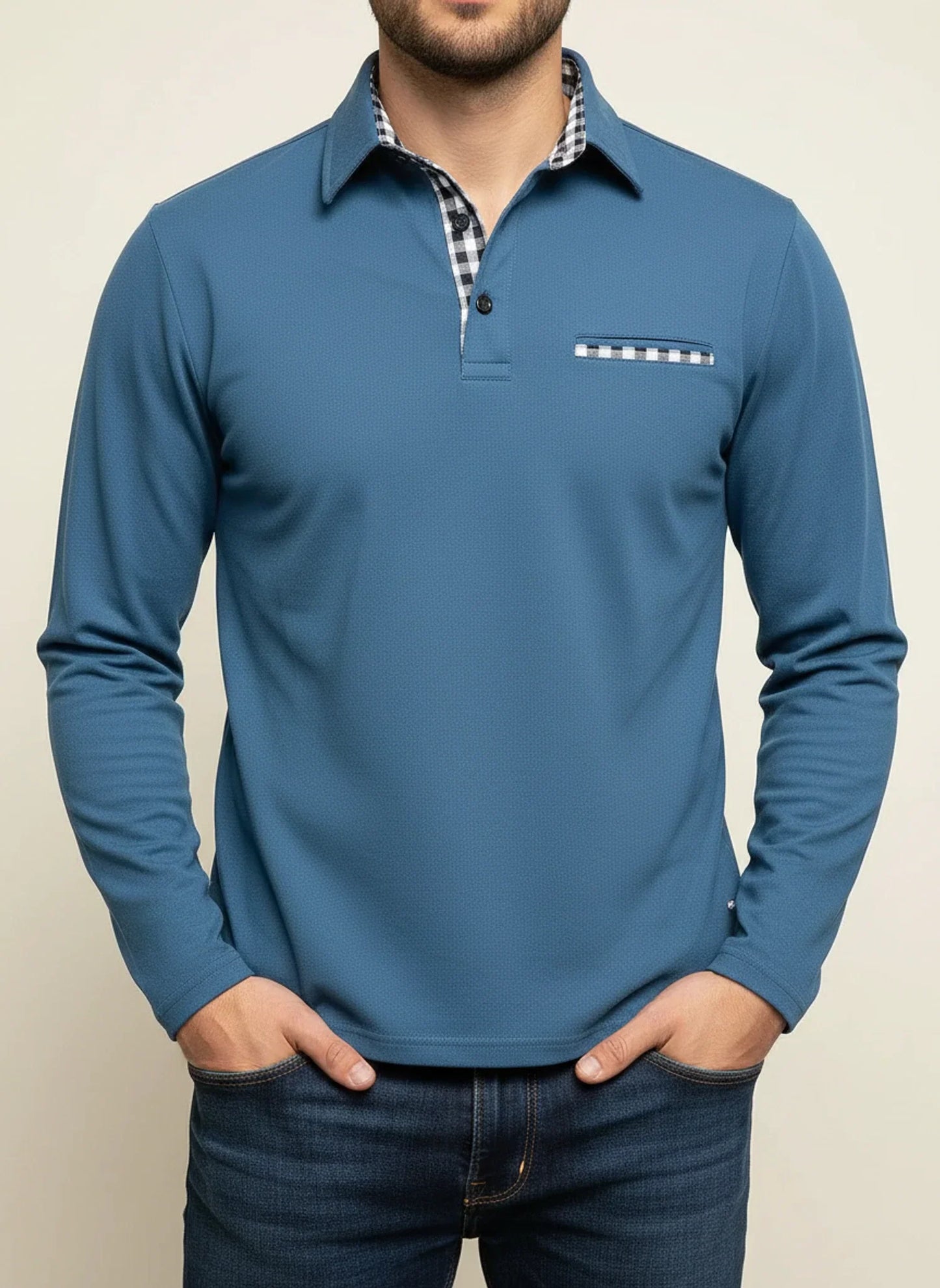 Herren Langarm Polohemd Karo-Besatz Baumwolle Blau