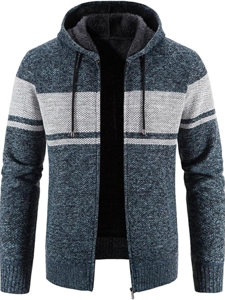 Herren Winter-Kapuzenjacke Reißverschluss Streifen Schwarz - Eveloria