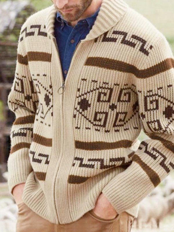 Herren Strickjacke Muster Schalkragen Beige
