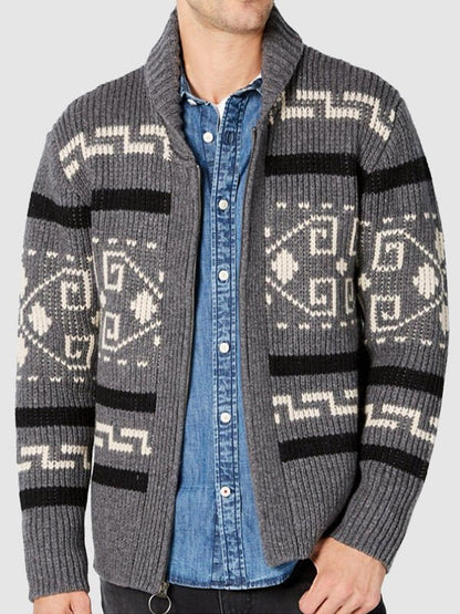 Herren Strickjacke Muster Schalkragen Beige