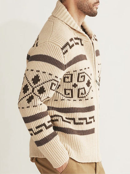 Herren Strickjacke Muster Schalkragen Beige