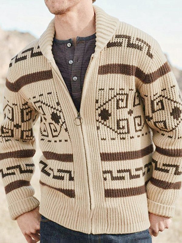 Herren Strickjacke Muster Schalkragen Beige