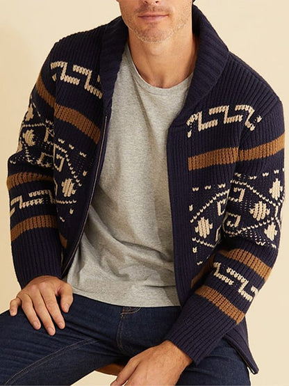 Herren Strickjacke Muster Schalkragen Beige