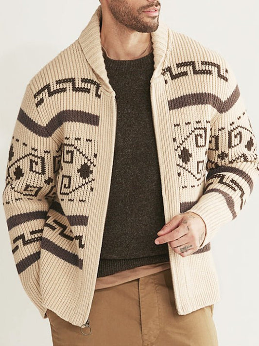 Herren Strickjacke Muster Schalkragen Beige - Eveloria