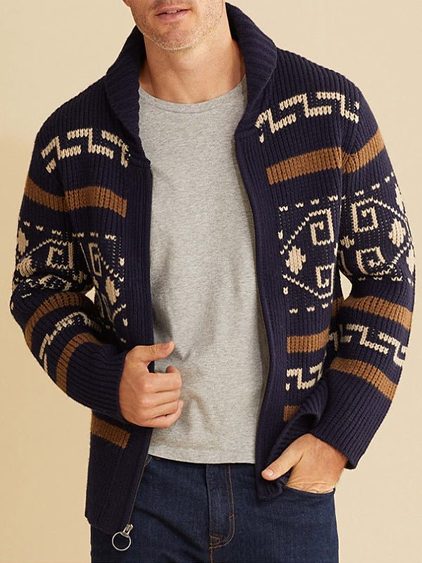 Herren Strickjacke Muster Schalkragen Beige