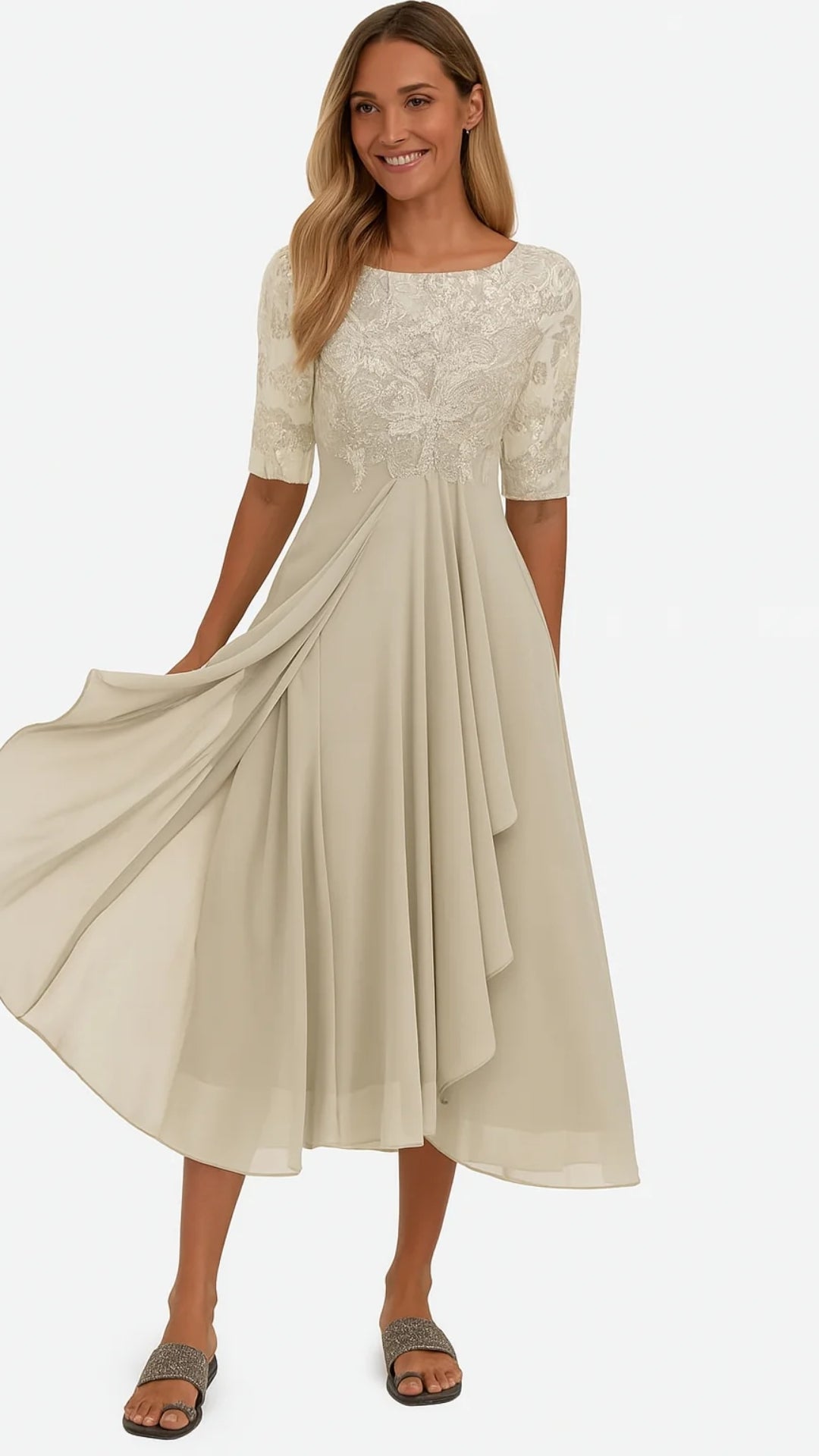 Damen Midi-Kleid Spitze Chiffon Elegantes Festkleid - Eveloria