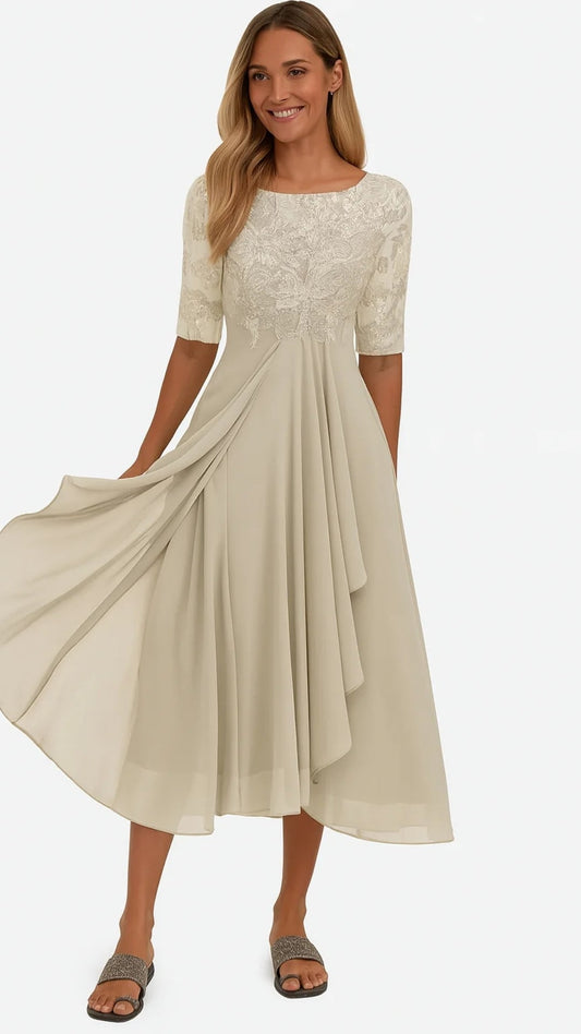 Damen Midi-Kleid Spitze Chiffon Elegantes Festkleid - Eveloria