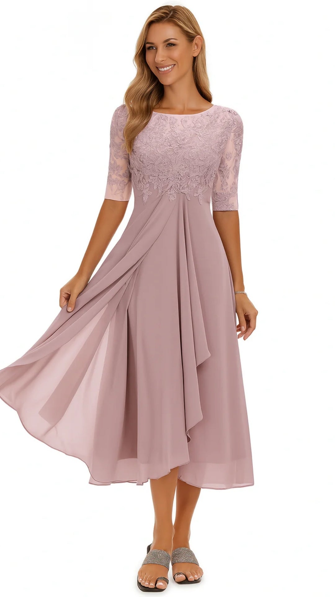 Damen Midi-Kleid Spitze Chiffon Elegantes Festkleid