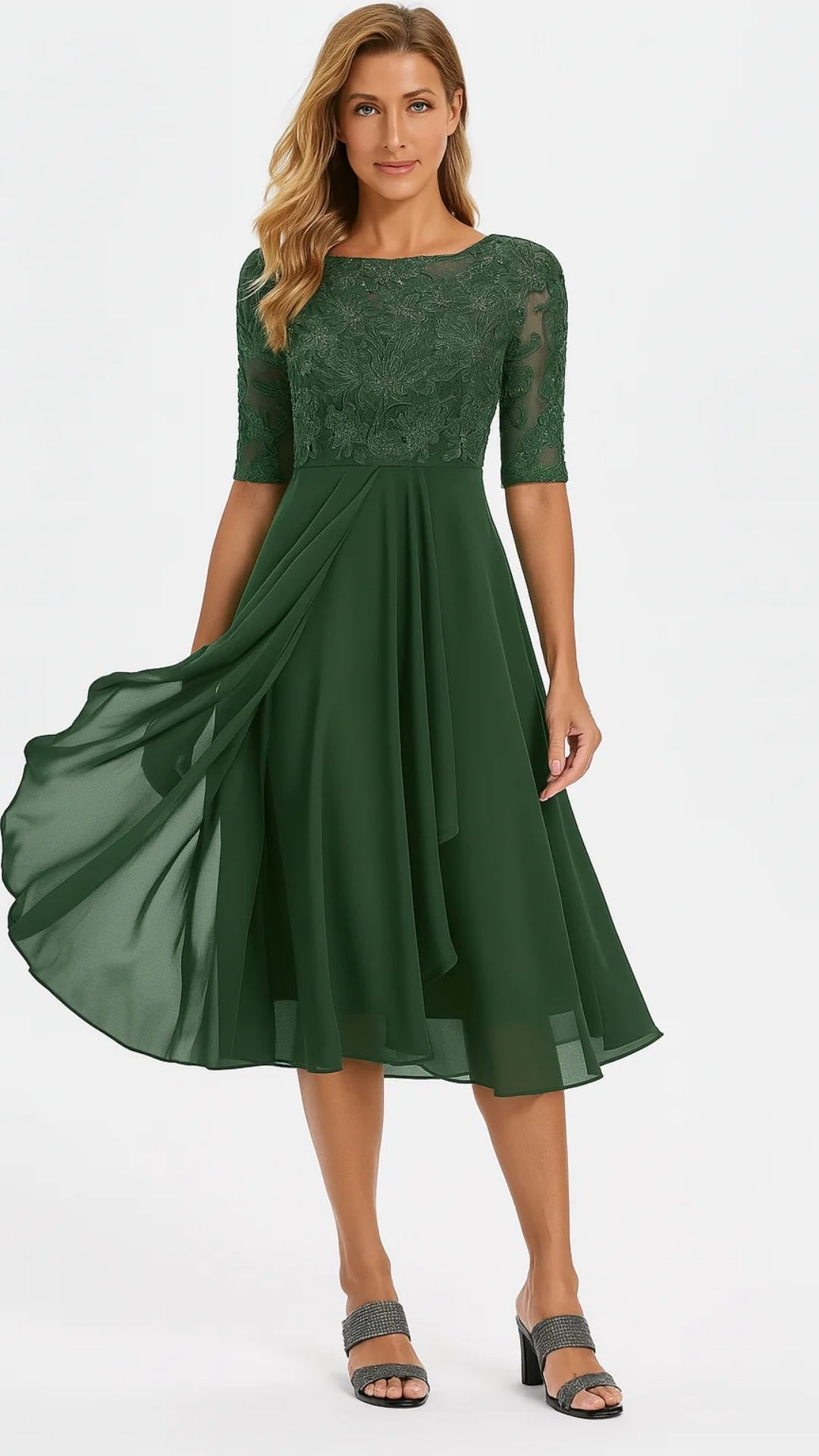 Damen Midi-Kleid Spitze Chiffon Elegantes Festkleid