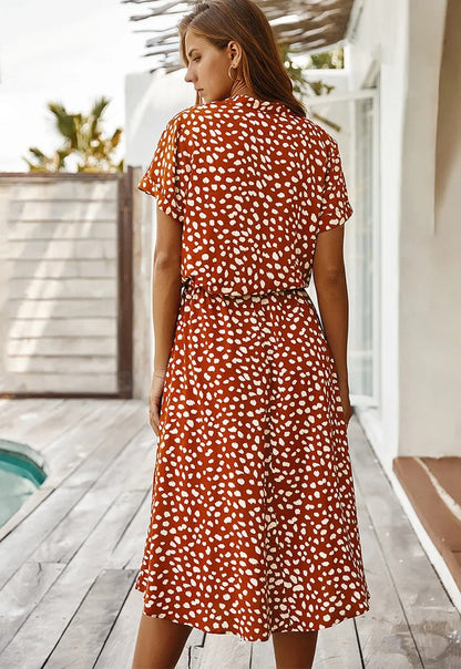 Damen Midikleid V-Ausschnitt Baumwolle Kurzärmelig Beige