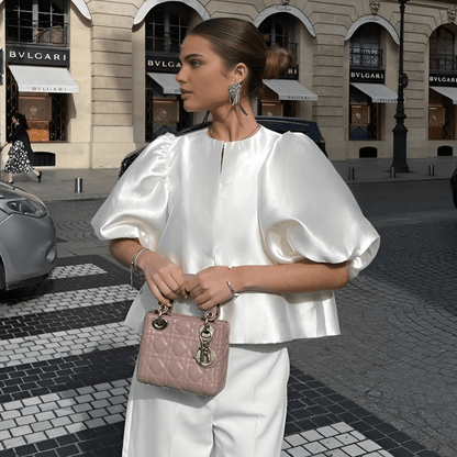 Damenbluse Weiße Seidenoptik Puffärmel Elegante Bluse