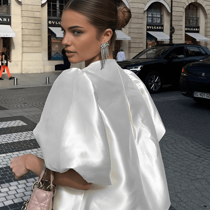 Damenbluse Weiße Seidenoptik Puffärmel Elegante Bluse