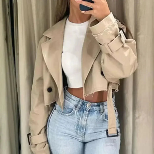 Damen Khaki Cropped Jacke Doppelreiher Taillengürtel - Eveloria