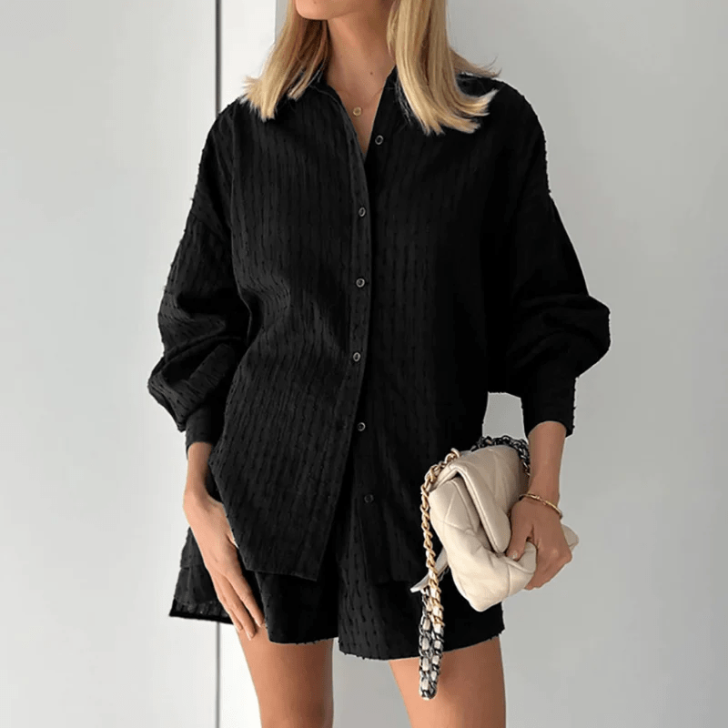 Damen Sommer-Set Bluse mit Bischofsärmeln und High-Waist Shorts