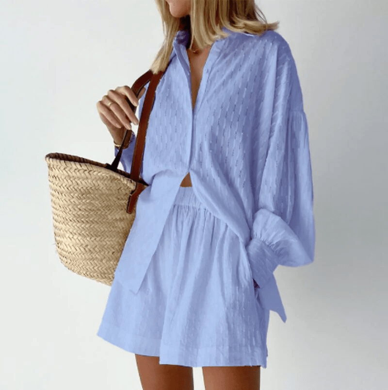 Damen Sommer-Set Bluse mit Bischofsärmeln und High-Waist Shorts