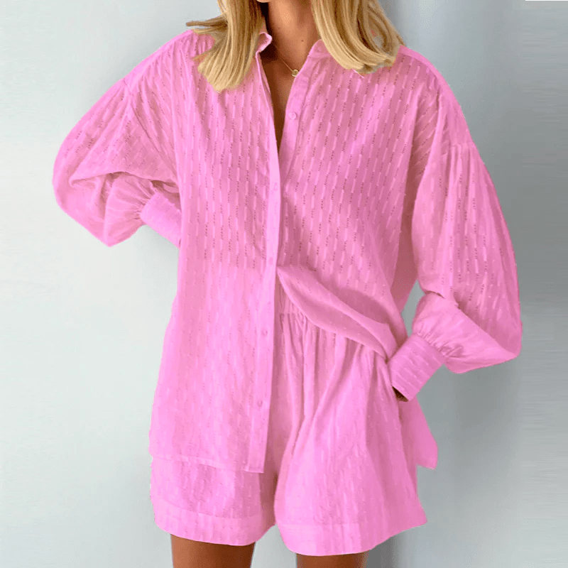 Damen Sommer-Set Bluse mit Bischofsärmeln und High-Waist Shorts