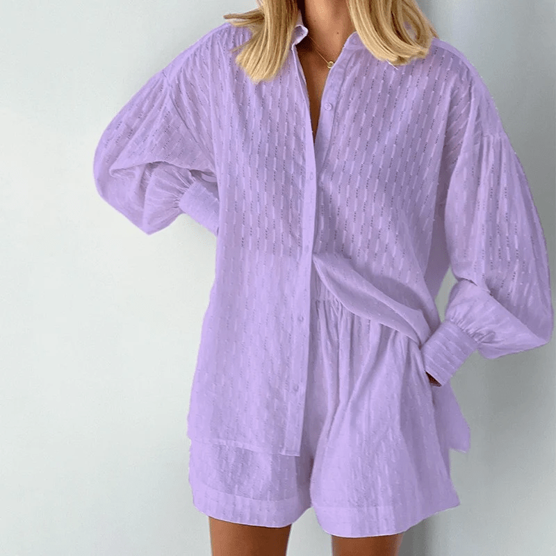 Damen Sommer-Set Bluse mit Bischofsärmeln und High-Waist Shorts