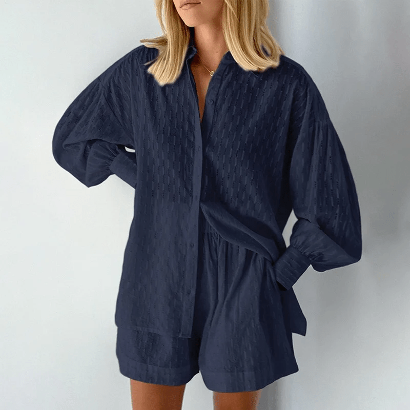 Damen Sommer-Set Bluse mit Bischofsärmeln und High-Waist Shorts