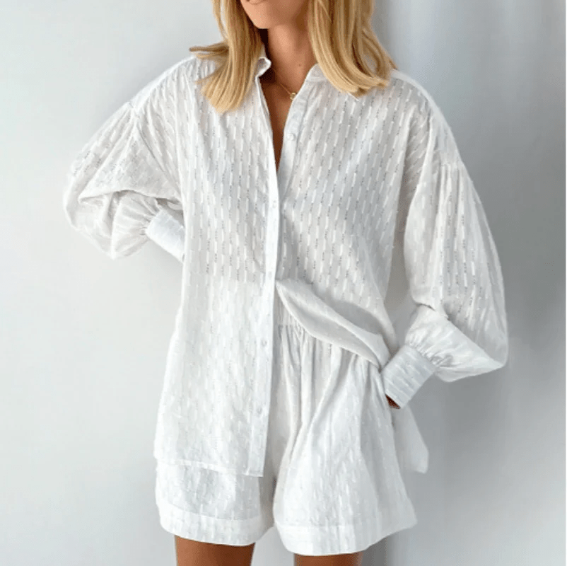 Damen Sommer-Set Bluse mit Bischofsärmeln und High-Waist Shorts - Eveloria