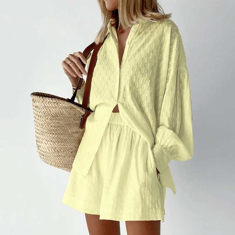 Damen Sommer-Set Bluse mit Bischofsärmeln und High-Waist Shorts