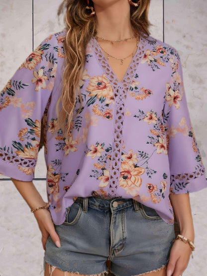 Damen Sommerbluse V-Ausschnitt Spitzen-Details Elegante Bluse