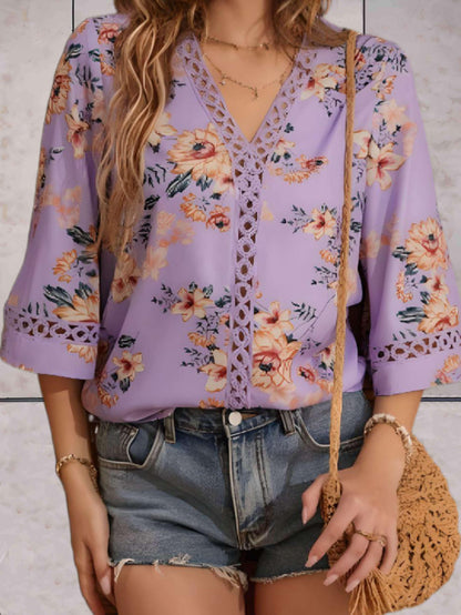 Damen Sommerbluse V-Ausschnitt Spitzen-Details Elegante Bluse