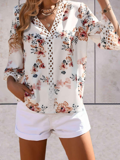Damen Sommerbluse V-Ausschnitt Spitzen-Details Elegante Bluse