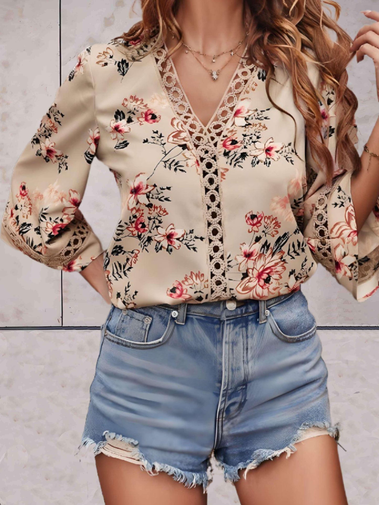 Damen Sommerbluse V-Ausschnitt Spitzen-Details Elegante Bluse