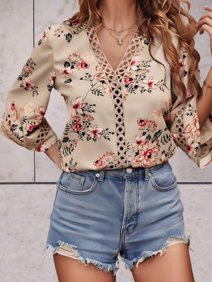 Damen Sommerbluse V-Ausschnitt Spitzen-Details Elegante Bluse