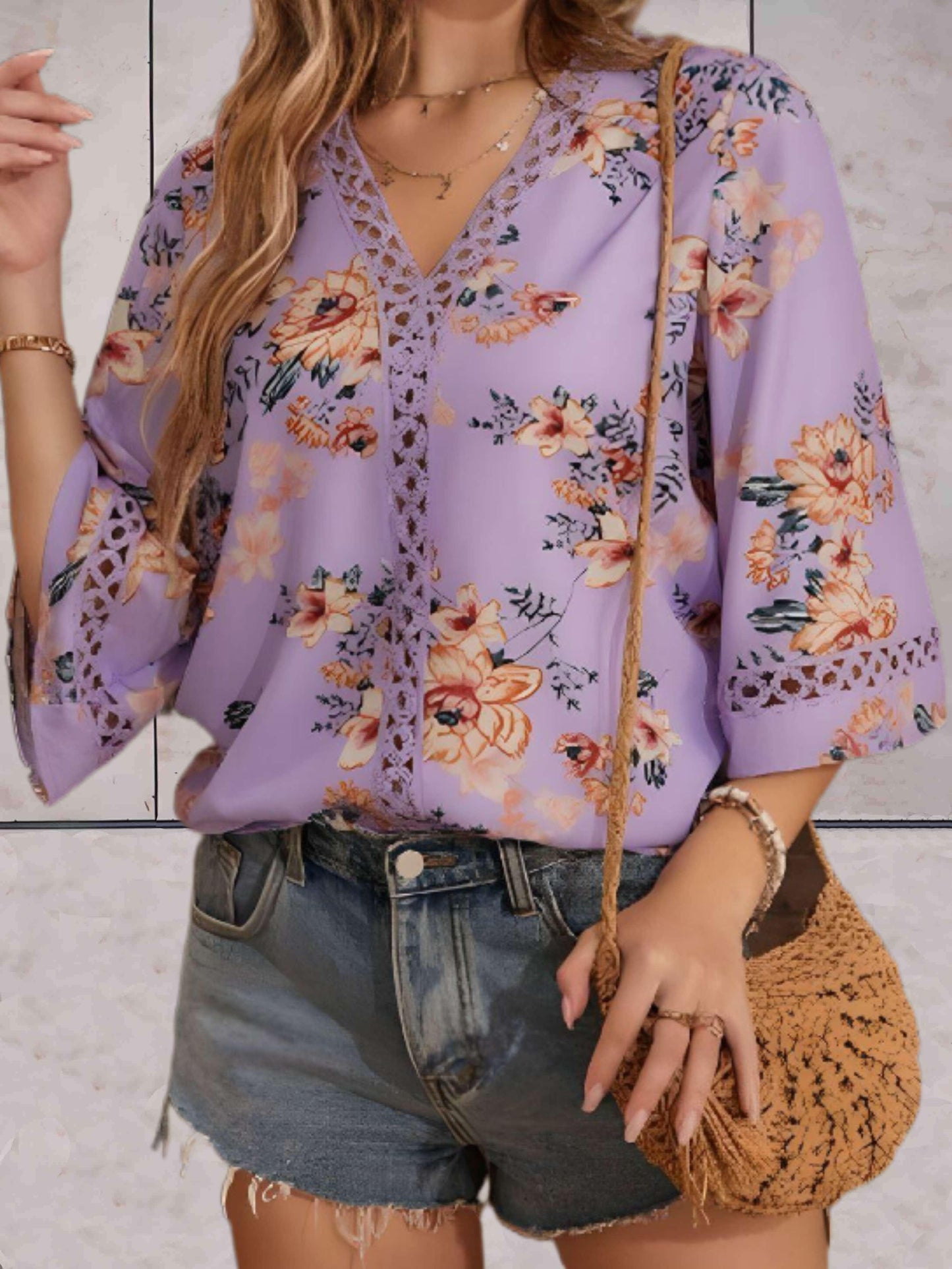 Damen Sommerbluse V-Ausschnitt Spitzen-Details Elegante Bluse