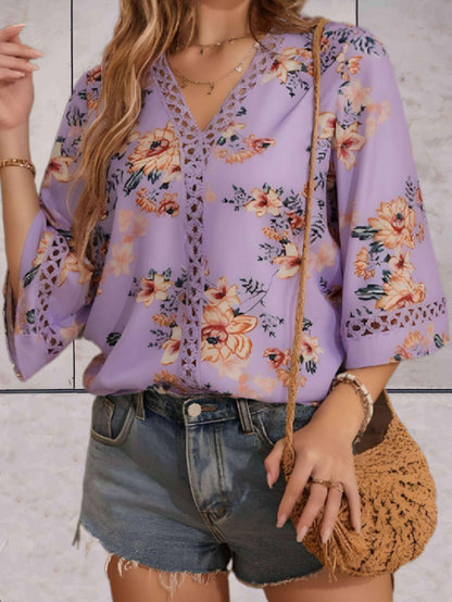 Damen Sommerbluse V-Ausschnitt Spitzen-Details Elegante Bluse