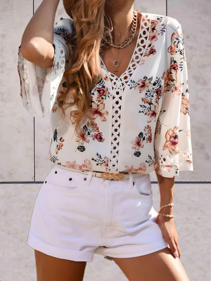 Damen Sommerbluse V-Ausschnitt Spitzen-Details Elegante Bluse