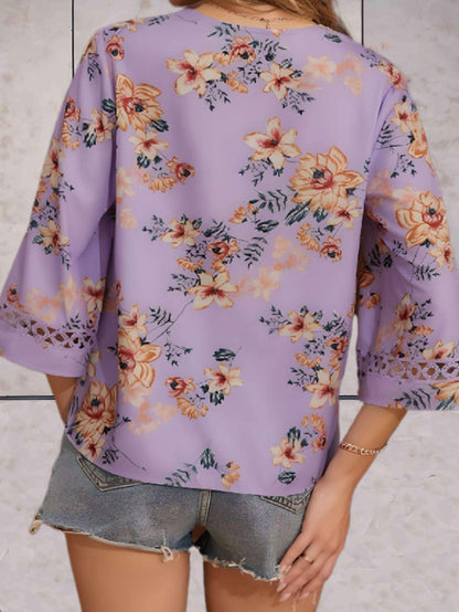 Damen Sommerbluse V-Ausschnitt Spitzen-Details Elegante Bluse