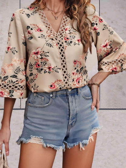Damen Sommerbluse V-Ausschnitt Spitzen-Details Elegante Bluse