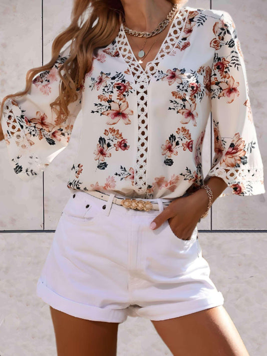 Damen Sommerbluse V-Ausschnitt Spitzen-Details Elegante Bluse - Eveloria
