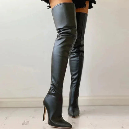 Eveloria Damen Overknee-Stiefel Leder Spitze Stiletto