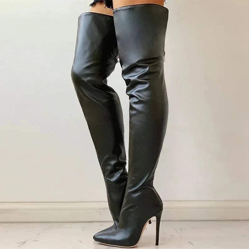 Eveloria Damen Overknee-Stiefel Leder Spitze Stiletto