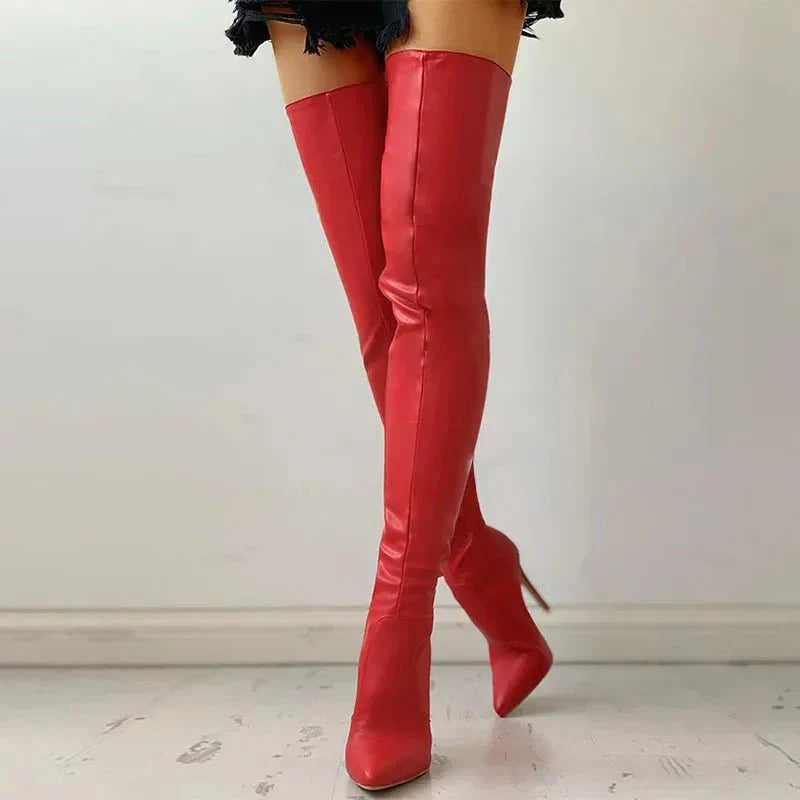 Eveloria Damen Overknee-Stiefel Leder Spitze Stiletto
