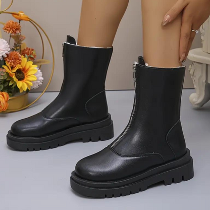 Damen Knöchelstiefel Lederlook Chunky-Sohle Schwarz - Eveloria