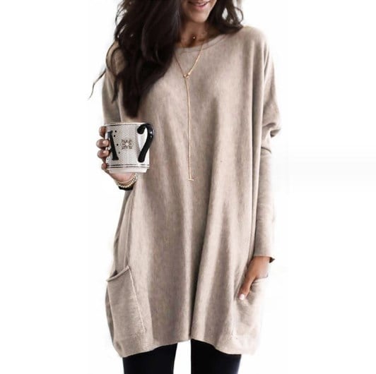 Damen Oversize Strickpullover Langer Mit Taschen Beige