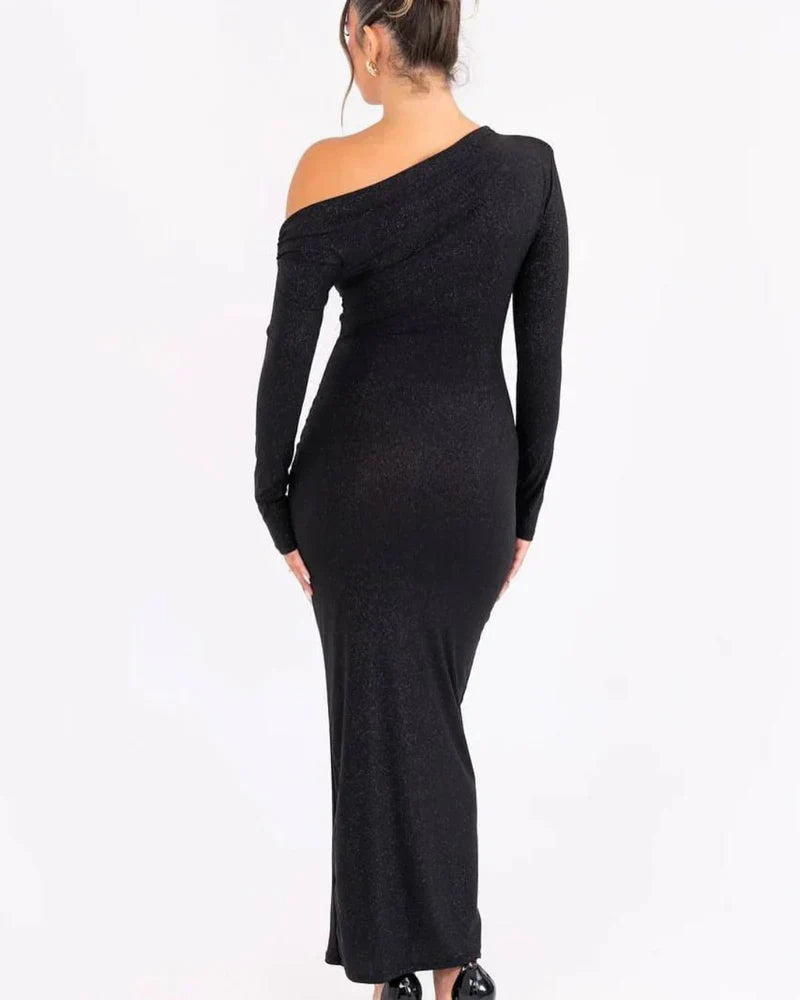 Damen One-Shoulder Maxikleid Pailletten Eleganz