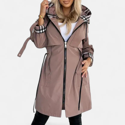 Damen Übergangsjacke Leicht Karo Kapuze Beige