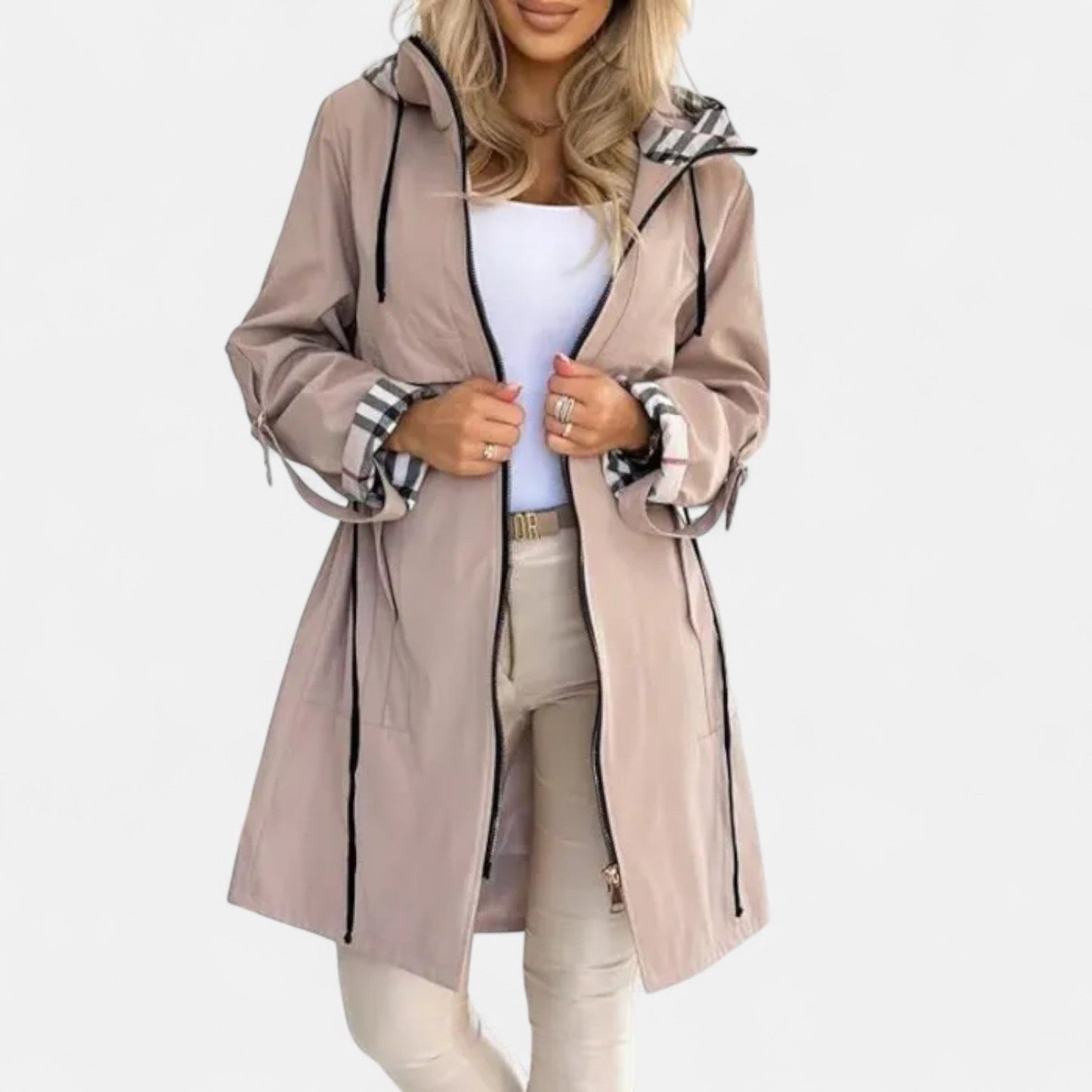 Damen Übergangsjacke Leicht Karo Kapuze Beige - Eveloria