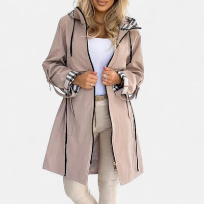 Damen Übergangsjacke Leicht Karo Kapuze Beige - Eveloria