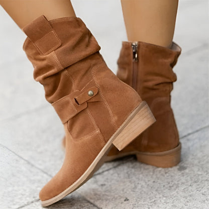 Damen Stiefel Wildleder Raffung Niedriger Absatz Beige