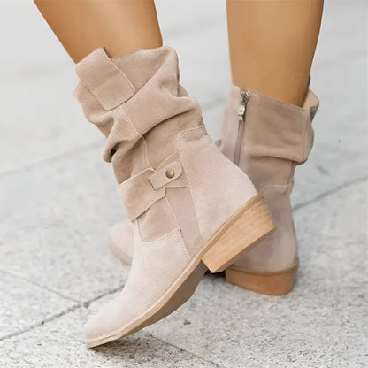 Damen Stiefel Wildleder Raffung Niedriger Absatz Beige