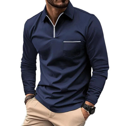 Herren Langarm Poloshirt Reißverschluss Elegant Schwarz - Eveloria