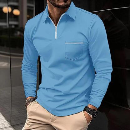 Herren Langarm Poloshirt Reißverschluss Elegant