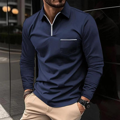 Herren Langarm Poloshirt Reißverschluss Elegant